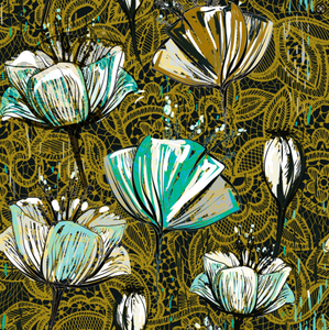 Pine Stretched  Framed 1 Panel -  Decorative Tulips, Seamless Vector Pattern.