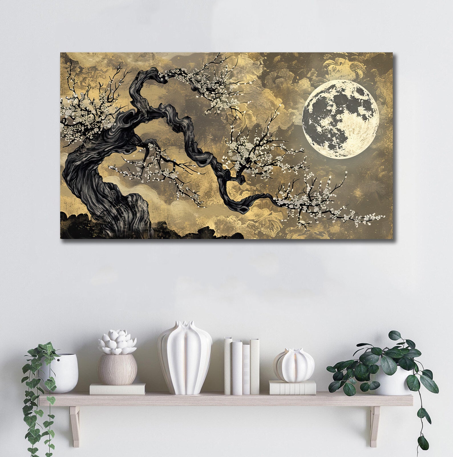 Pine Stretched  Framed 1 Panel - Blossoms in the full moon