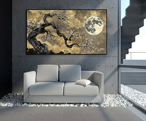 Pine Stretched  Framed 1 Panel - Blossoms in the full moon