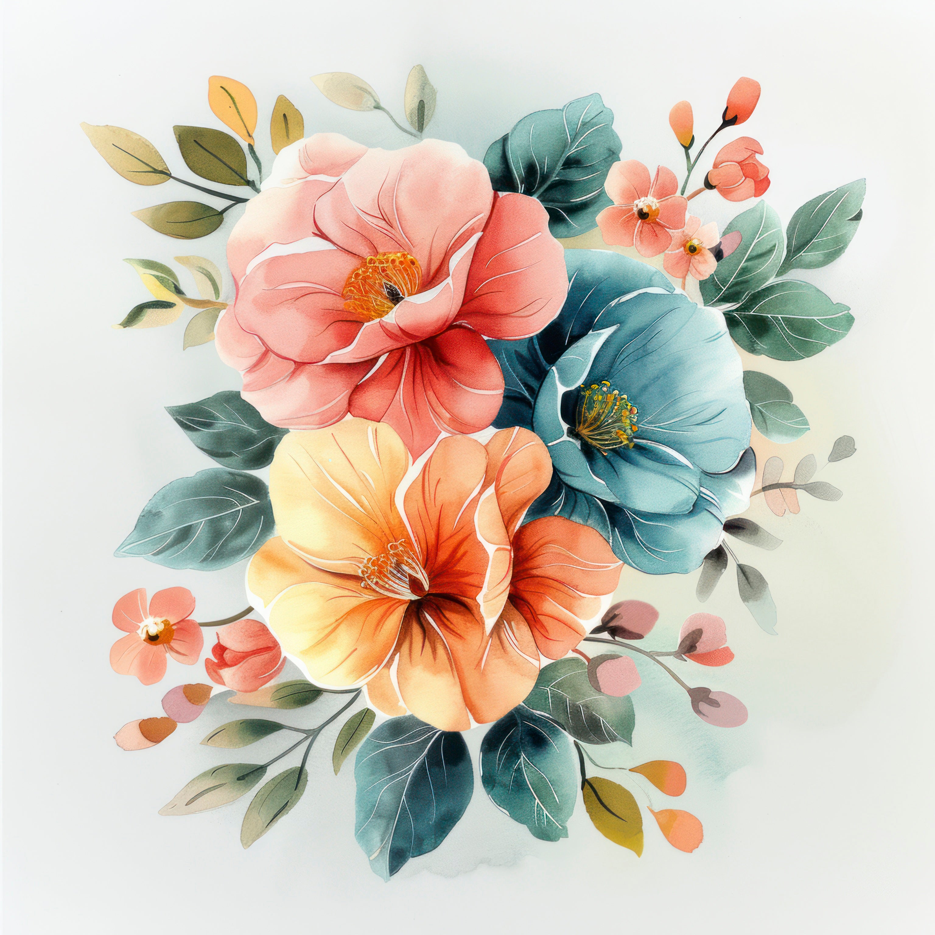 Pine Stretched  Framed 4 Panels - Beautiful Watercolor Floral