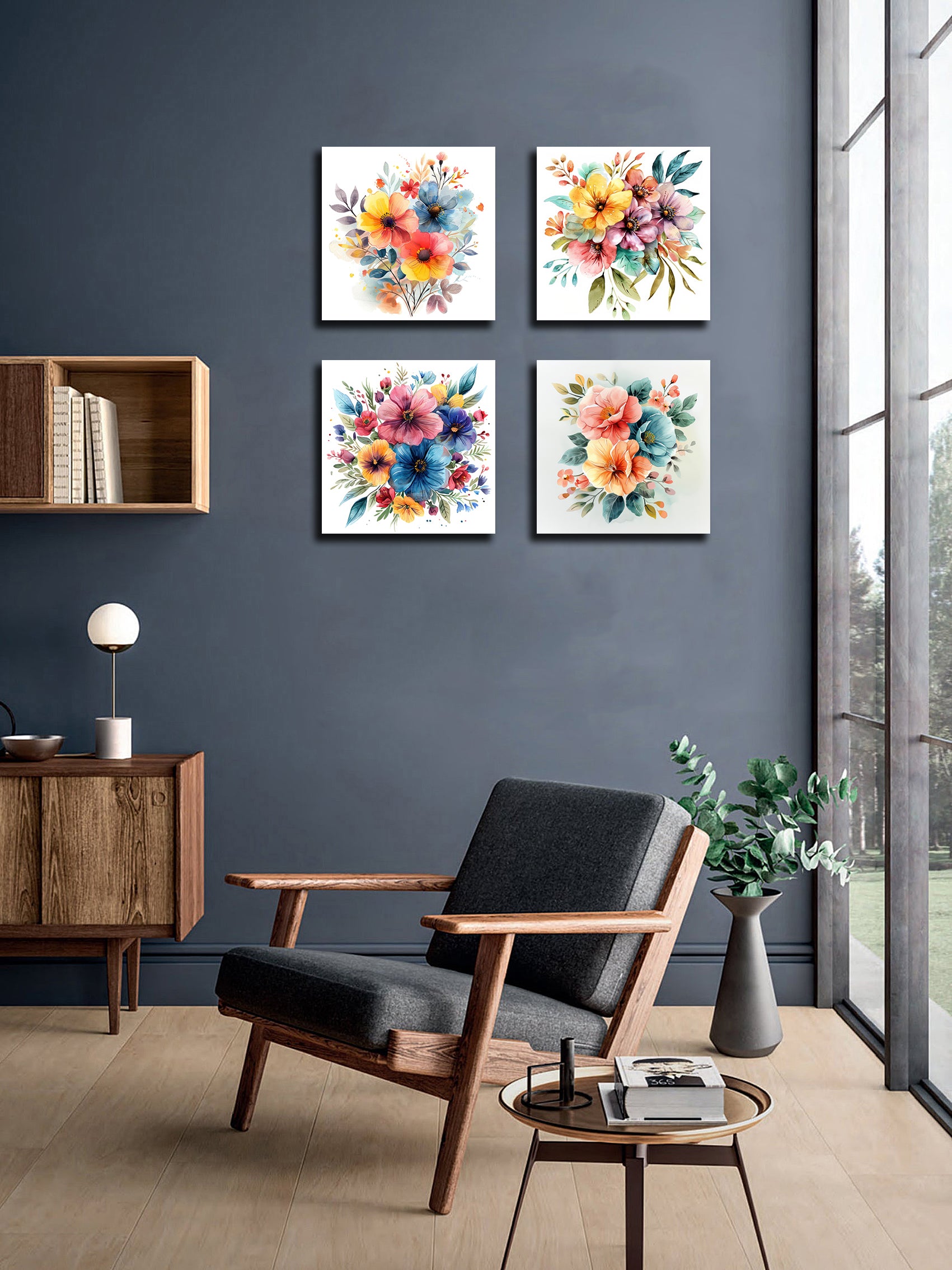 Pine Stretched  Framed 4 Panels - Beautiful Watercolor Floral
