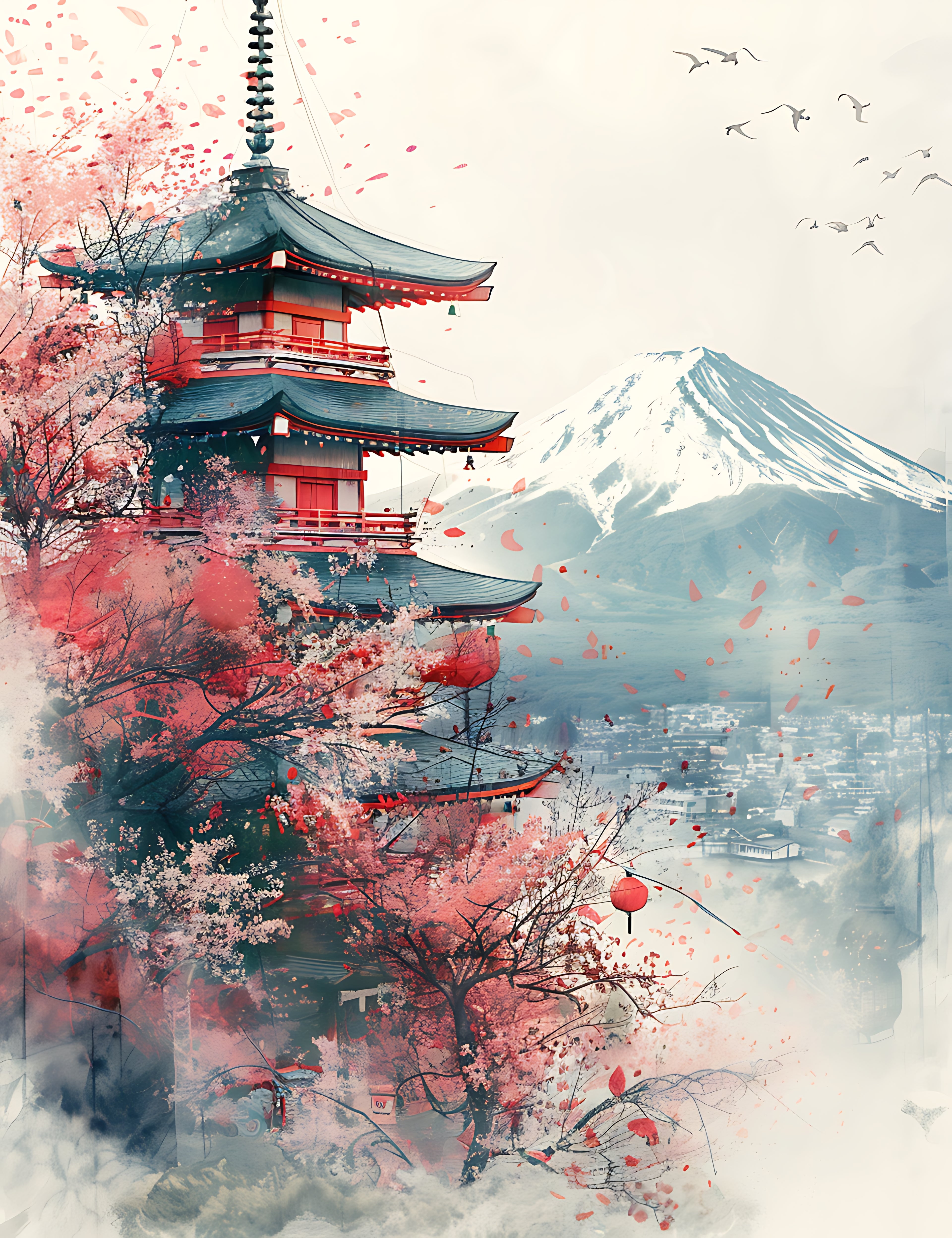 Pine Stretched  Framed 1 Panel - Japanese Temple