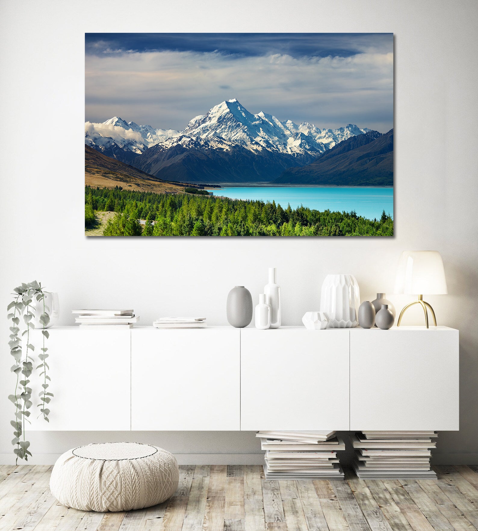 Pine Stretched  Framed 1 Panel - Mount Cook and Pukaki lake, New Zealand