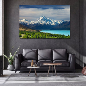 Pine Stretched  Framed 1 Panel - Mount Cook and Pukaki lake, New Zealand