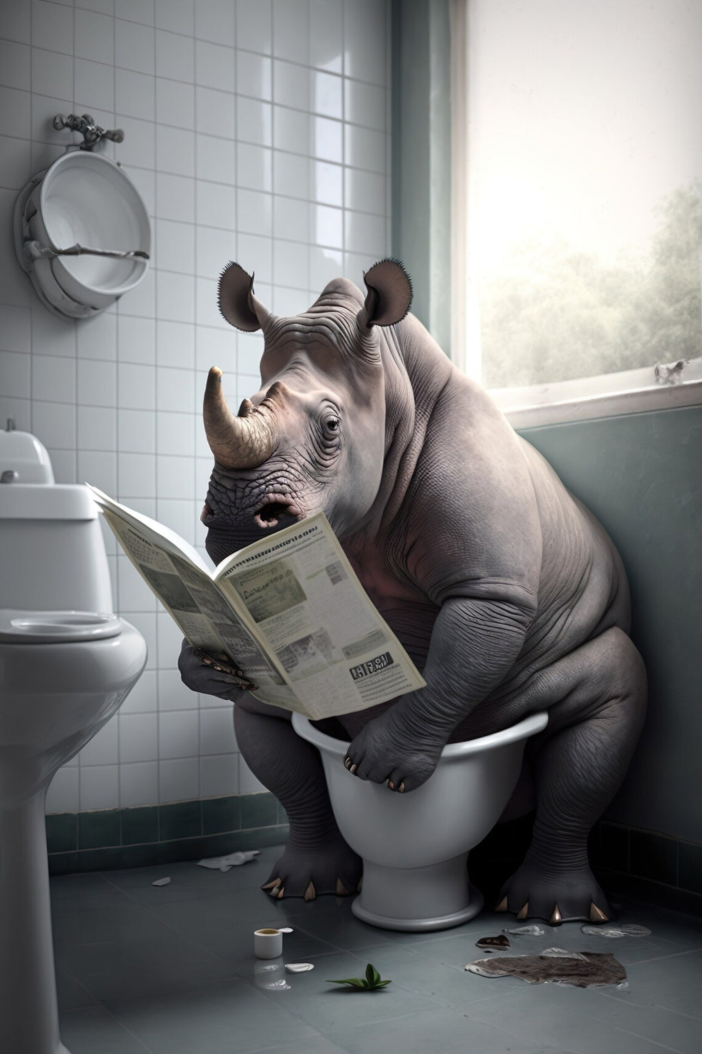 Pine Stretched  Framed 1 Panel - Rhinos in Bathroom