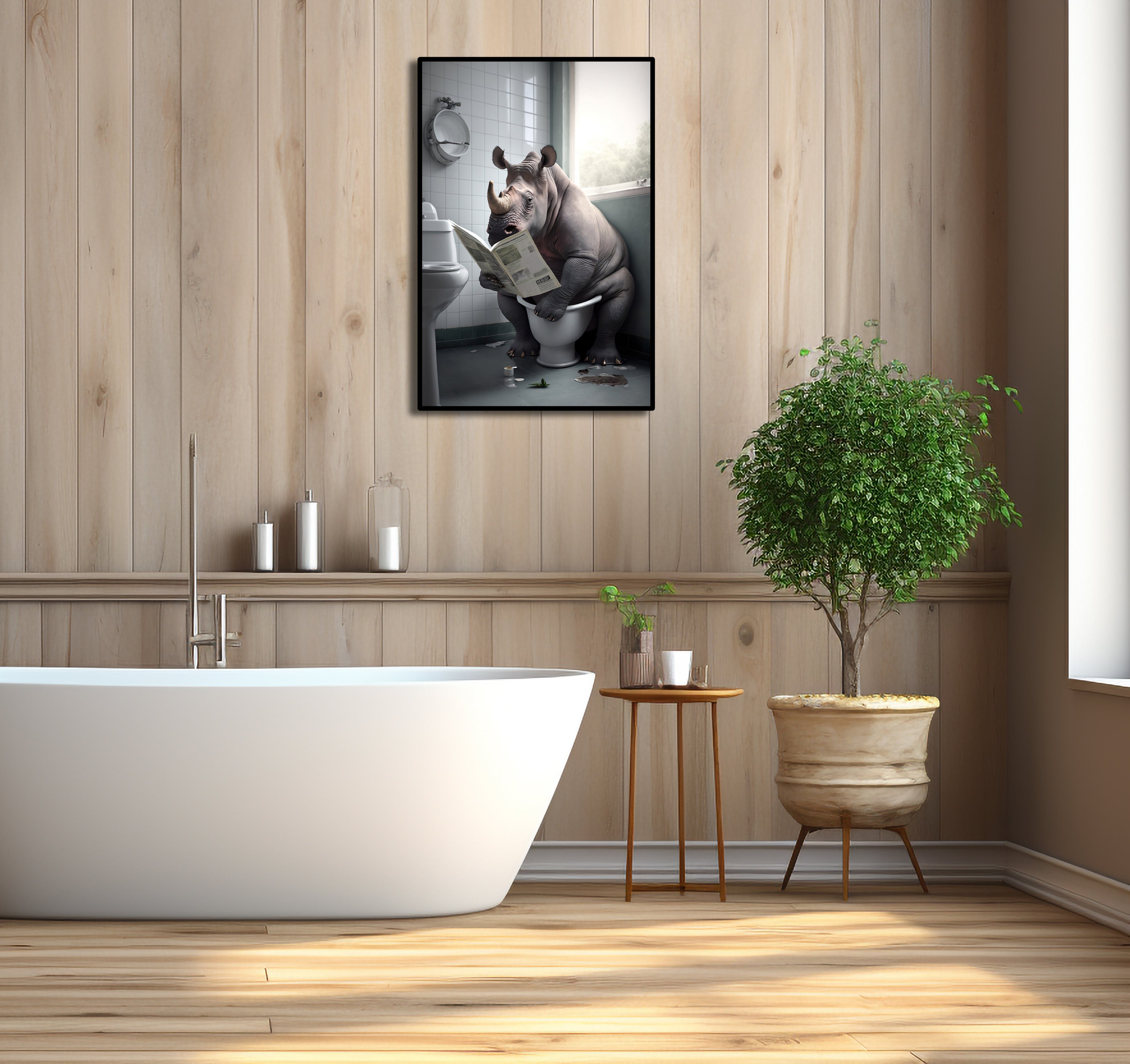 Pine Stretched  Framed 1 Panel - Rhinos in Bathroom