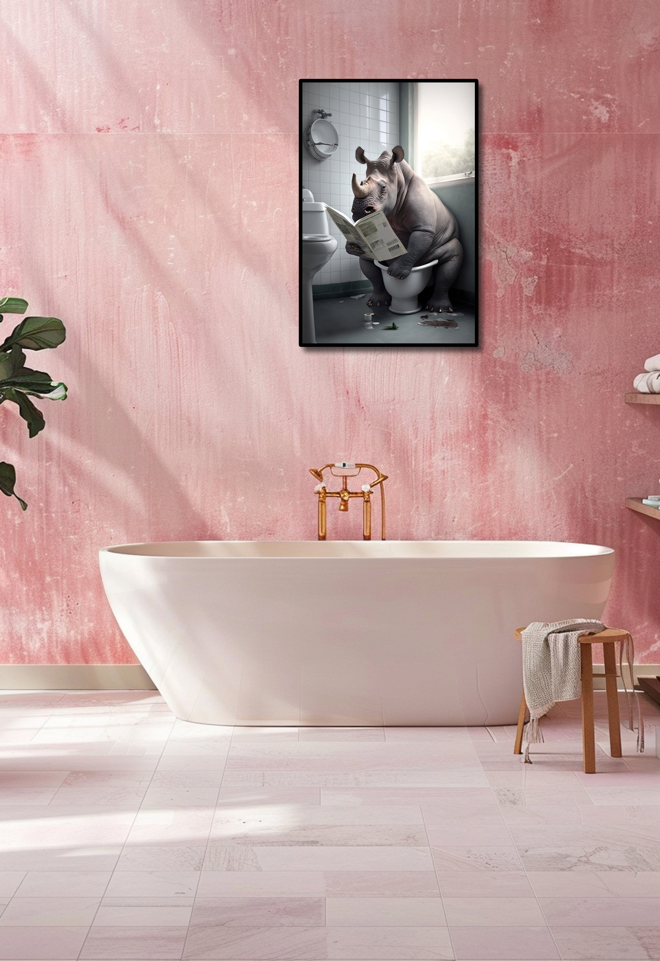 Pine Stretched  Framed 1 Panel - Rhinos in Bathroom