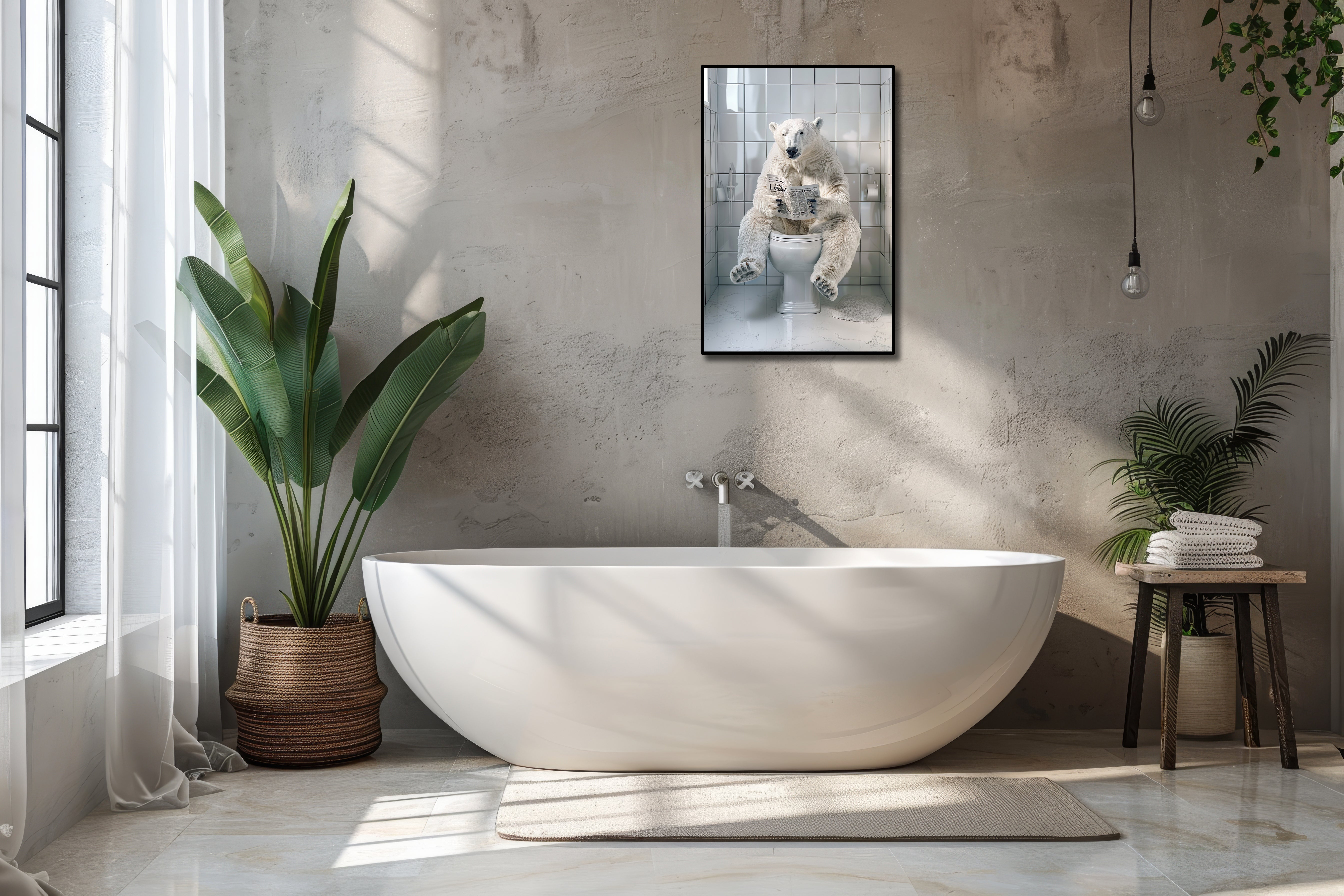 Pine Stretched  Framed 1 Panel - Polar Bear in Bathroom