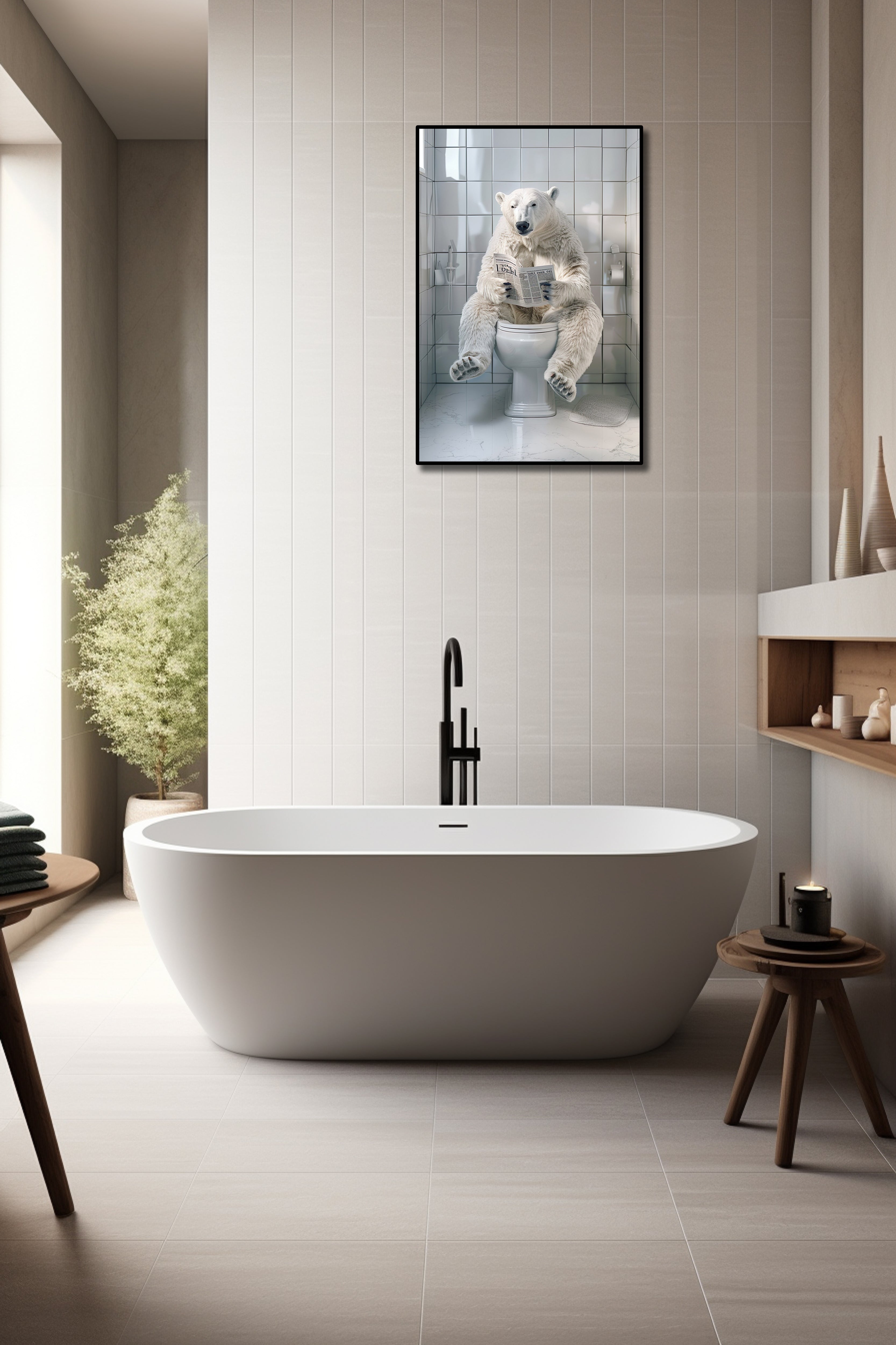 Pine Stretched  Framed 1 Panel - Polar Bear in Bathroom