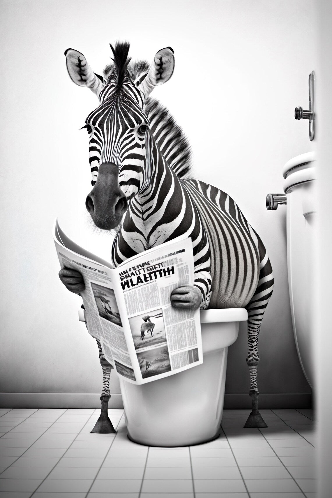 Pine Stretched  Framed 1 Panel - Zebra in Bathroom