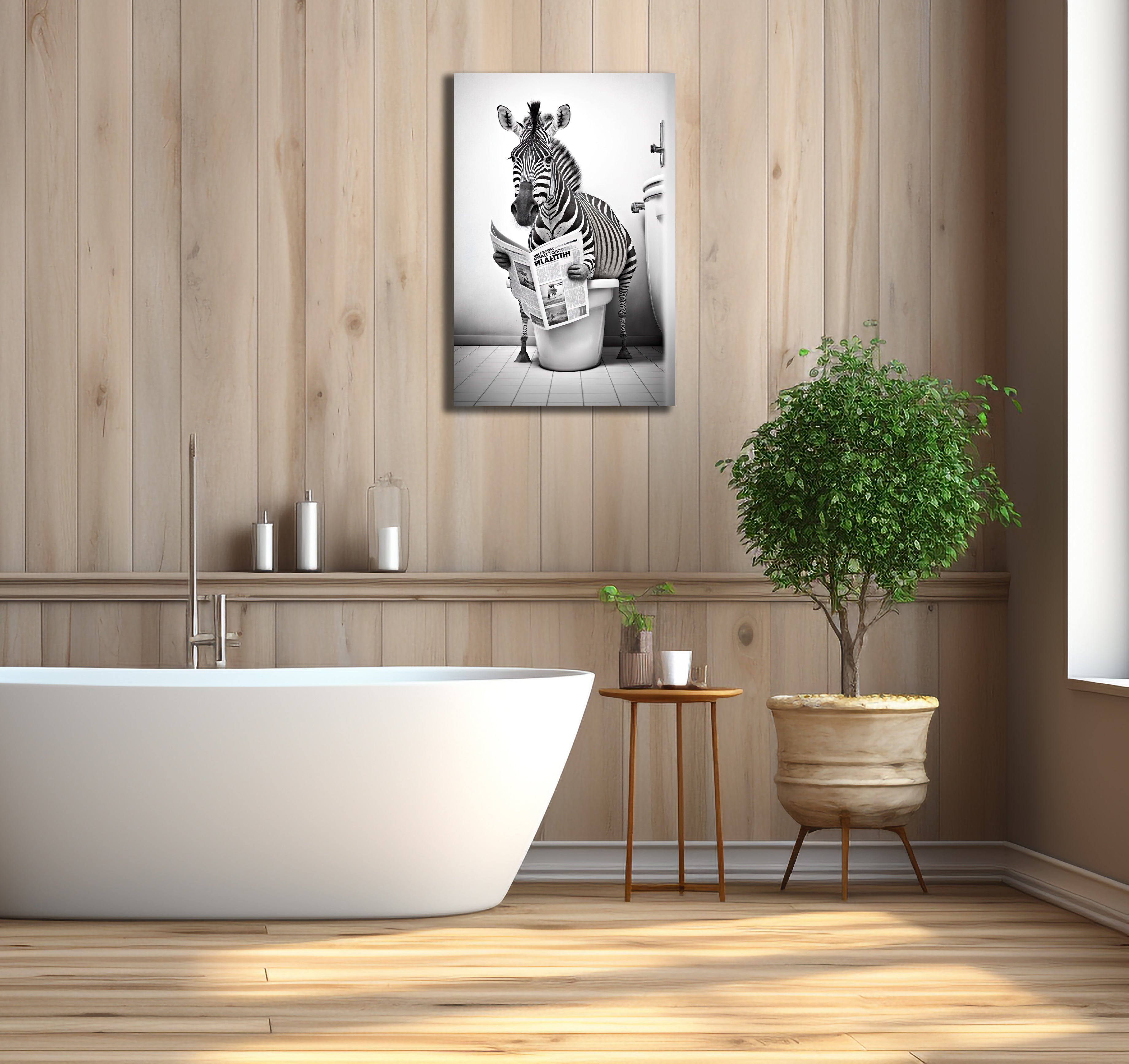 Pine Stretched  Framed 1 Panel - Zebra in Bathroom