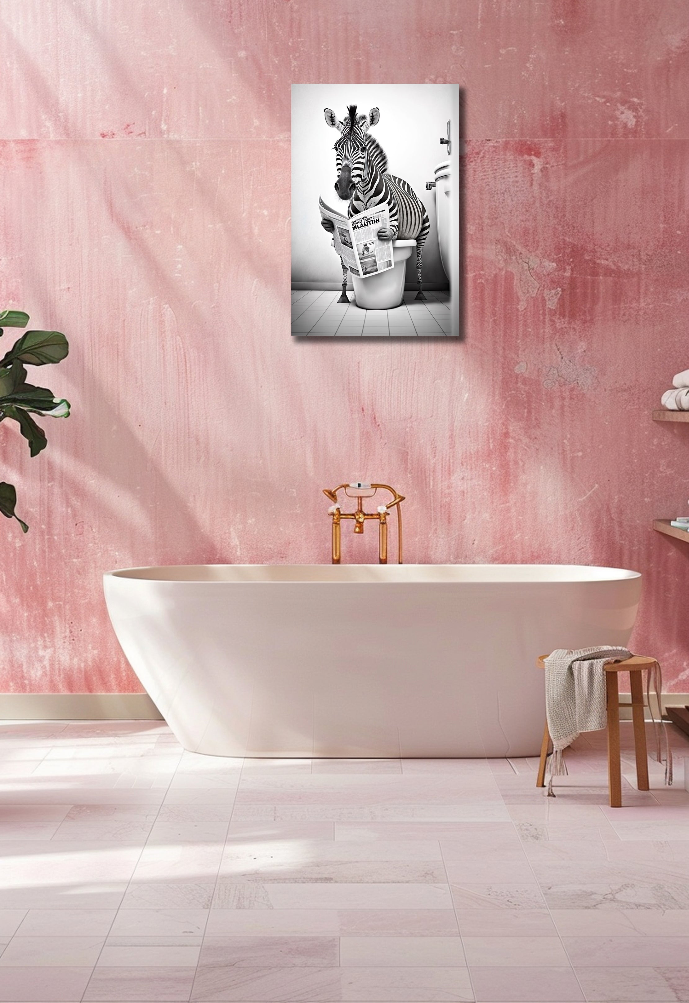 Pine Stretched  Framed 1 Panel - Zebra in Bathroom