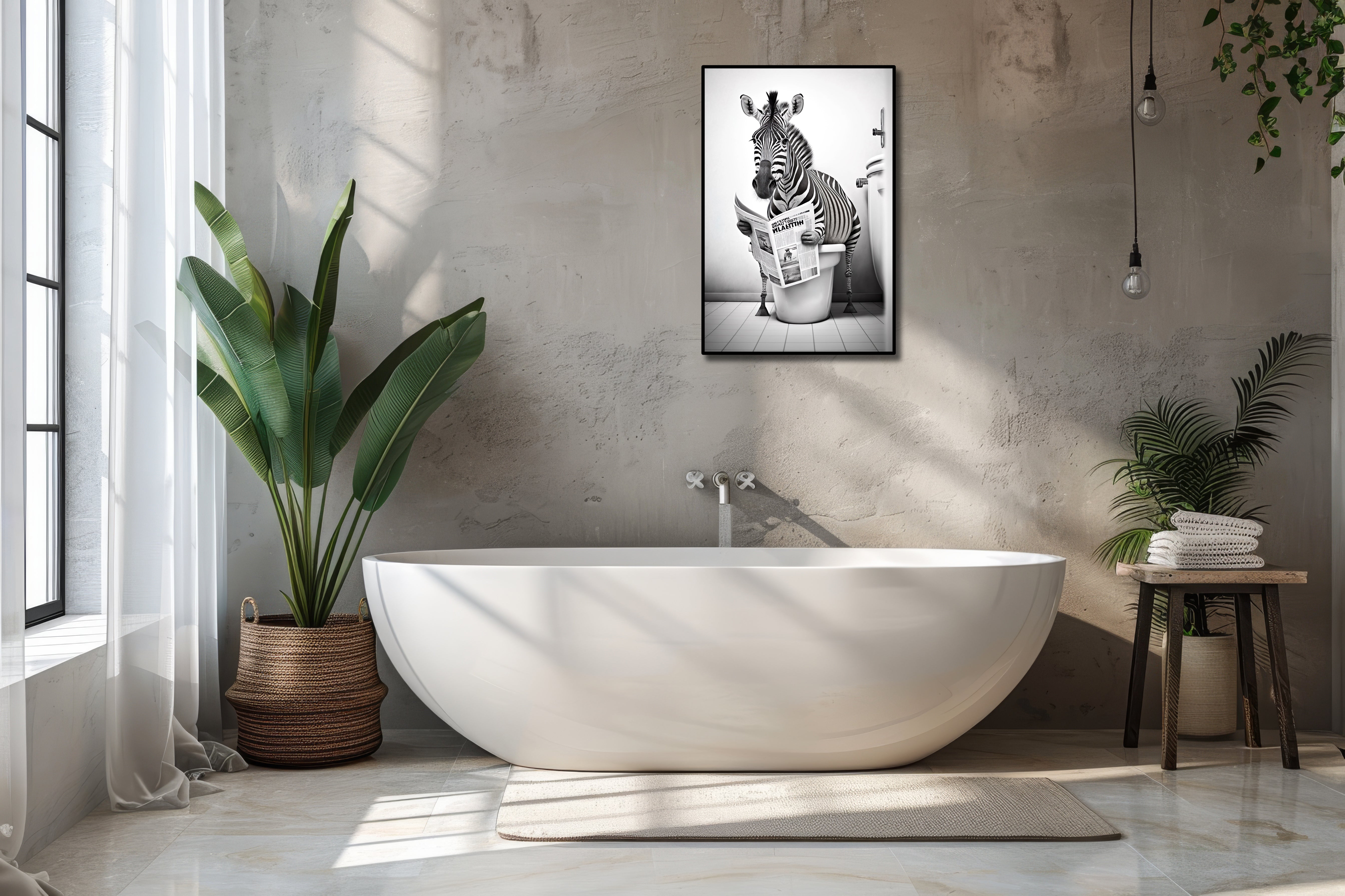 Pine Stretched  Framed 1 Panel - Zebra in Bathroom