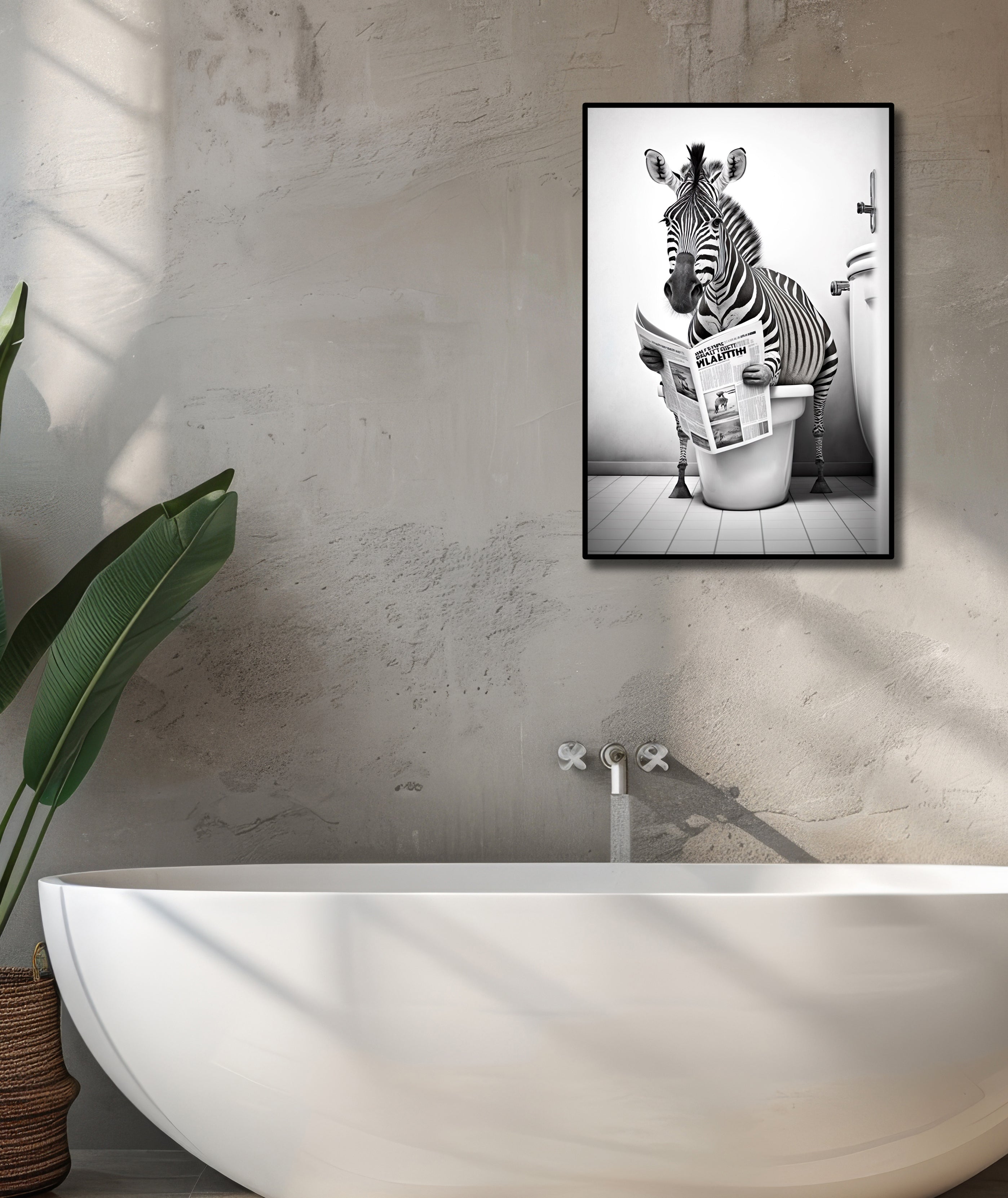 Modern Black and White Animal Canvas Wall Art Print Poster | Home Decor | Stretched 1 Panel - Zebra in Bathroom