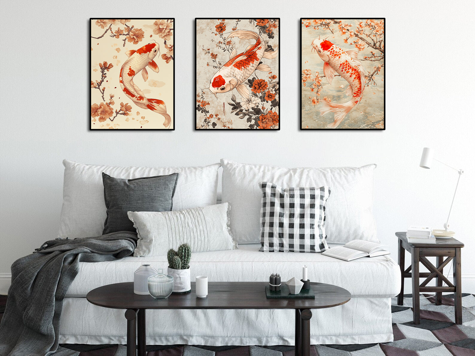 Pine Stretched  Framed 3 Panels - Japanese Koi