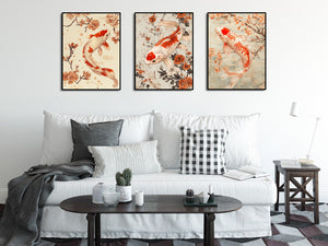 Pine Stretched  Framed 3 Panels - Japanese Koi