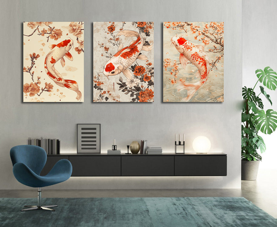 Pine Stretched  Framed 3 Panels - Japanese Koi