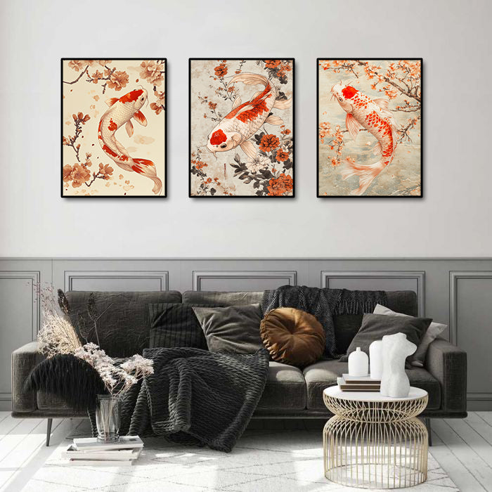 Pine Stretched  Framed 3 Panels - Japanese Koi