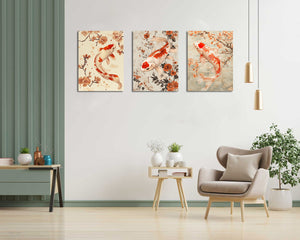 Pine Stretched  Framed 3 Panels - Japanese Koi