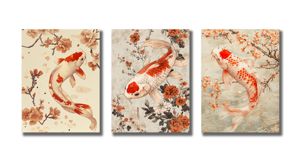 Pine Stretched  Framed 3 Panels - Japanese Koi