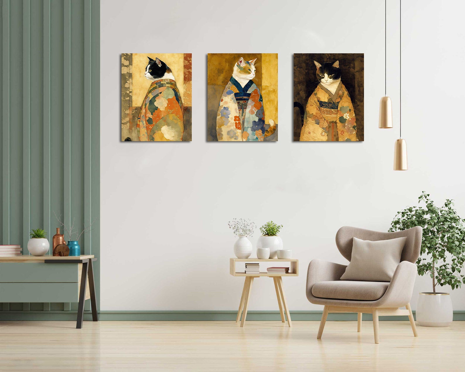 Pine Stretched  Framed 3 Panels - Cats in Kimono