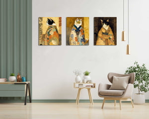 Pine Stretched  Framed 3 Panels - Cats in Kimono