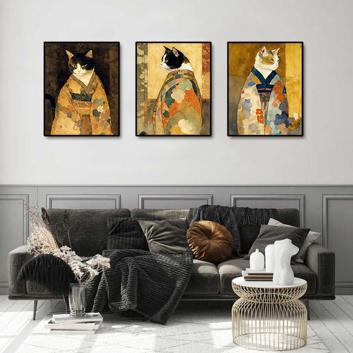 Pine Stretched  Framed 3 Panels - Cats in Kimono