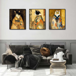 Pine Stretched  Framed 3 Panels - Cats in Kimono