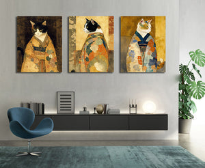 Pine Stretched  Framed 3 Panels - Cats in Kimono