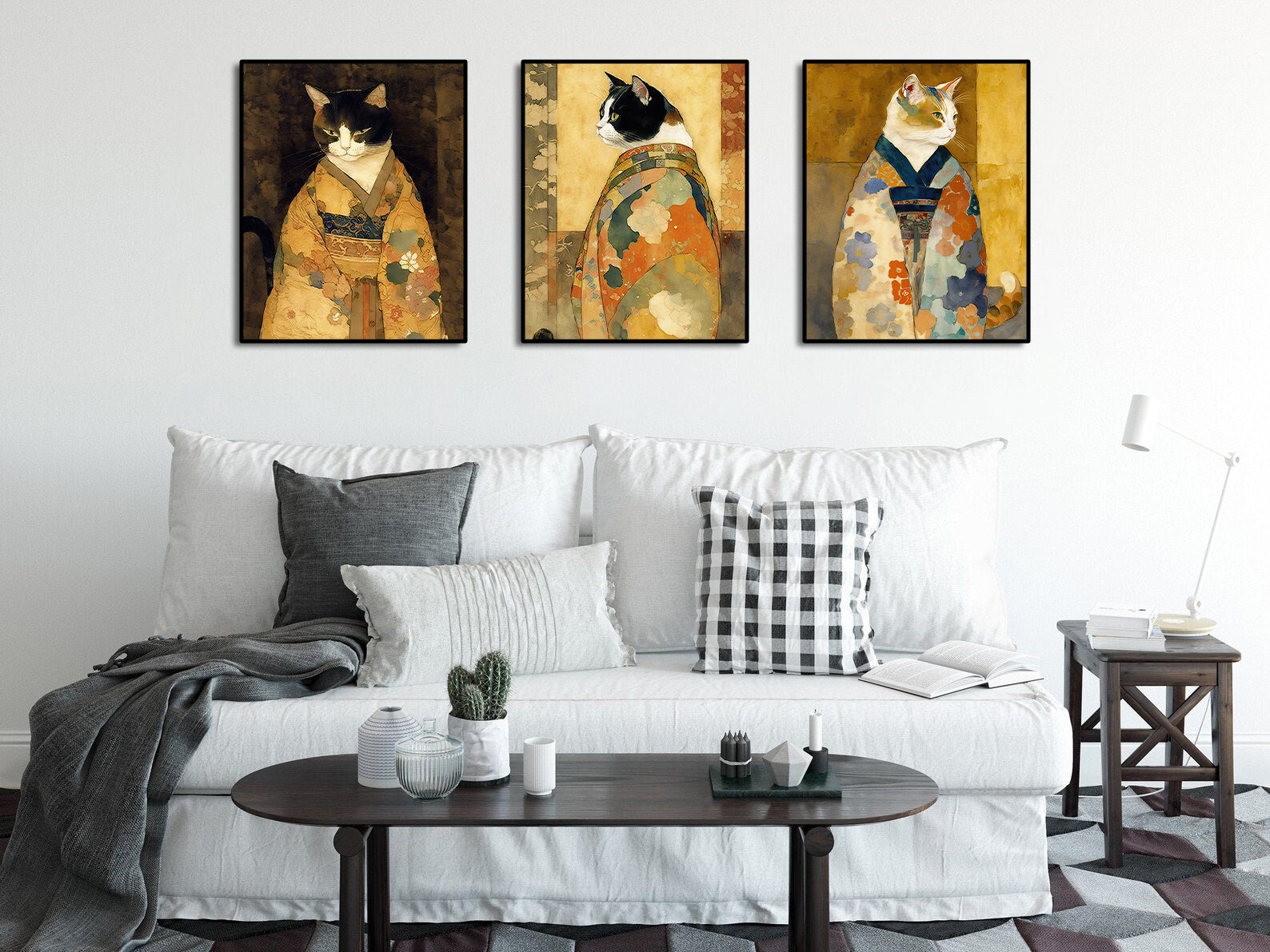 Pine Stretched  Framed 3 Panels - Cats in Kimono