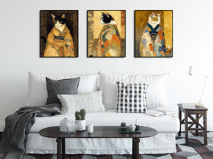 Pine Stretched  Framed 3 Panels - Cats in Kimono