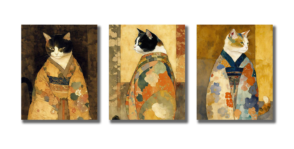 Pine Stretched  Framed 3 Panels - Cats in Kimono