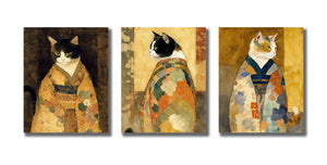 Pine Stretched  Framed 3 Panels - Cats in Kimono