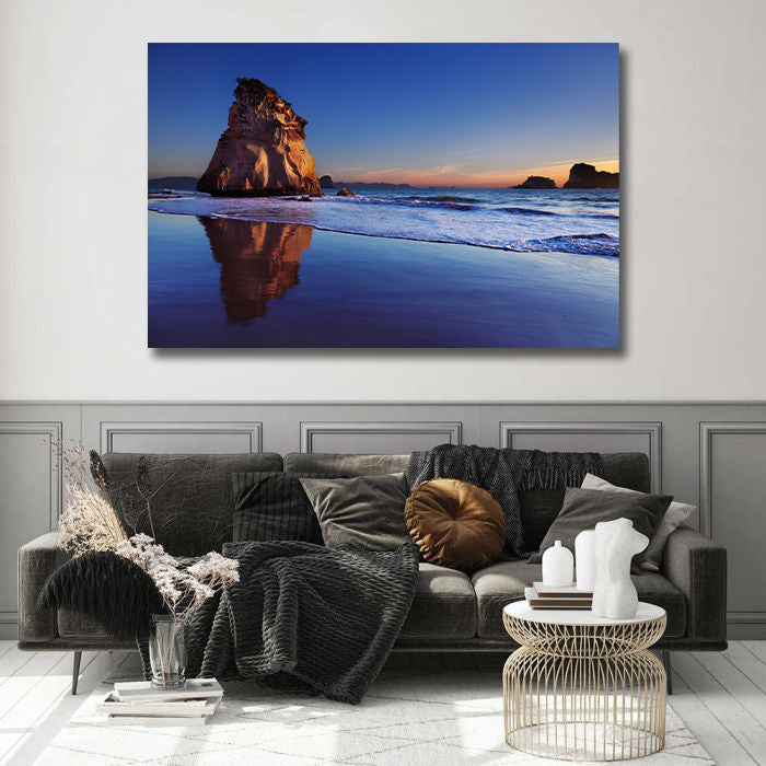 Pine Stretched  Framed 1 Panel - Cathedral Cove, New Zealand. Hoho Rock at Sunrise