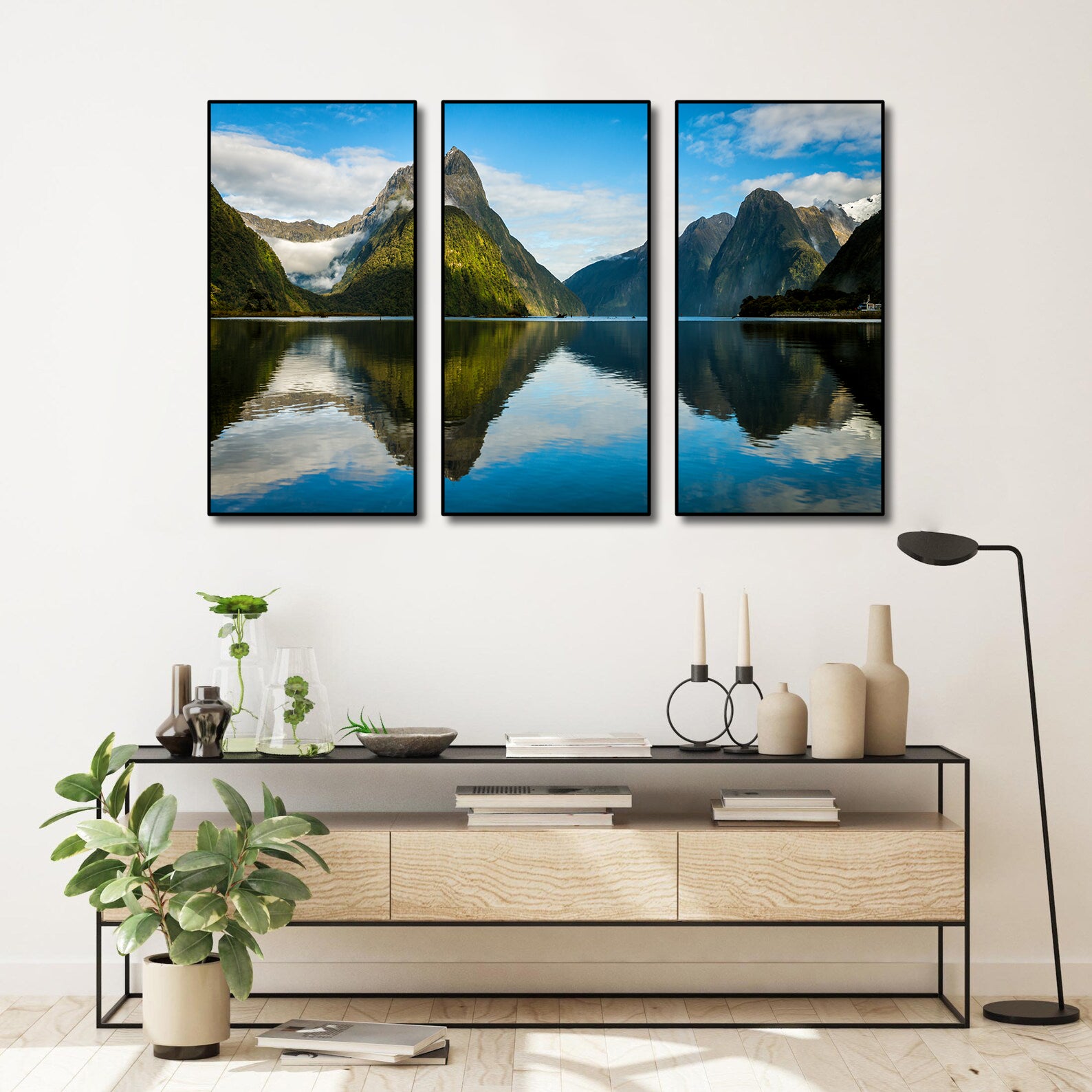 Pine Stretched Framed 3 Panels - Milford Sound in New Zealand