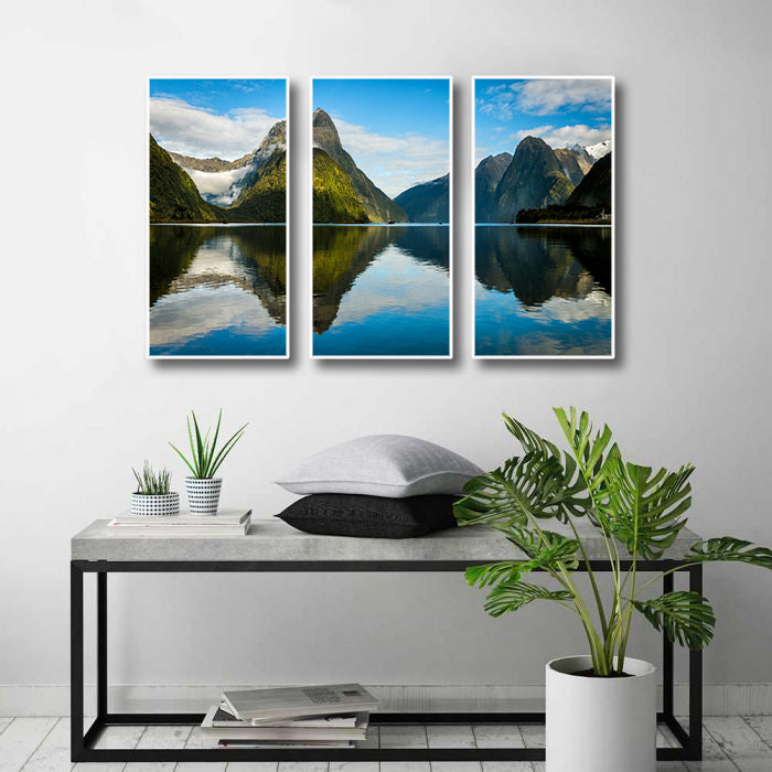 Pine Stretched Framed 3 Panels - Milford Sound in New Zealand
