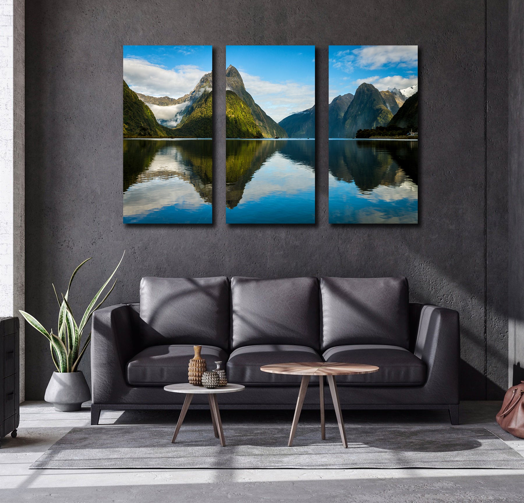 Pine Stretched Framed 3 Panels - Milford Sound in New Zealand