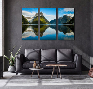Pine Stretched Framed 3 Panels - Milford Sound in New Zealand