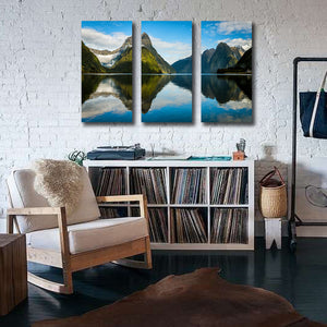 Pine Stretched Framed 3 Panels - Milford Sound in New Zealand