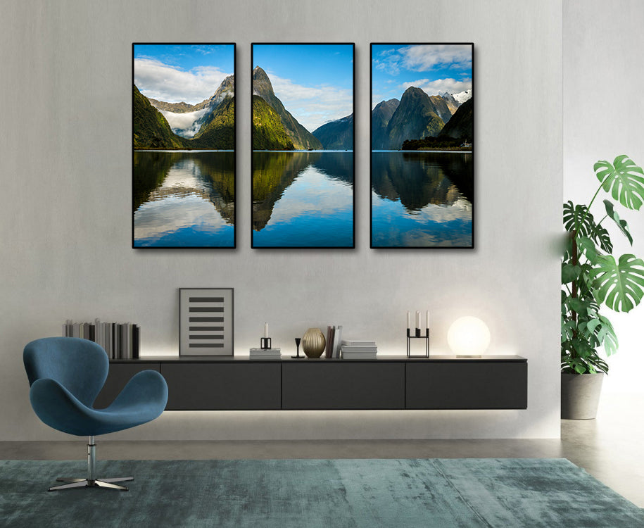 Pine Stretched Framed 3 Panels - Milford Sound in New Zealand