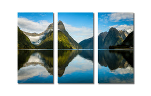Pine Stretched Framed 3 Panels - Milford Sound in New Zealand