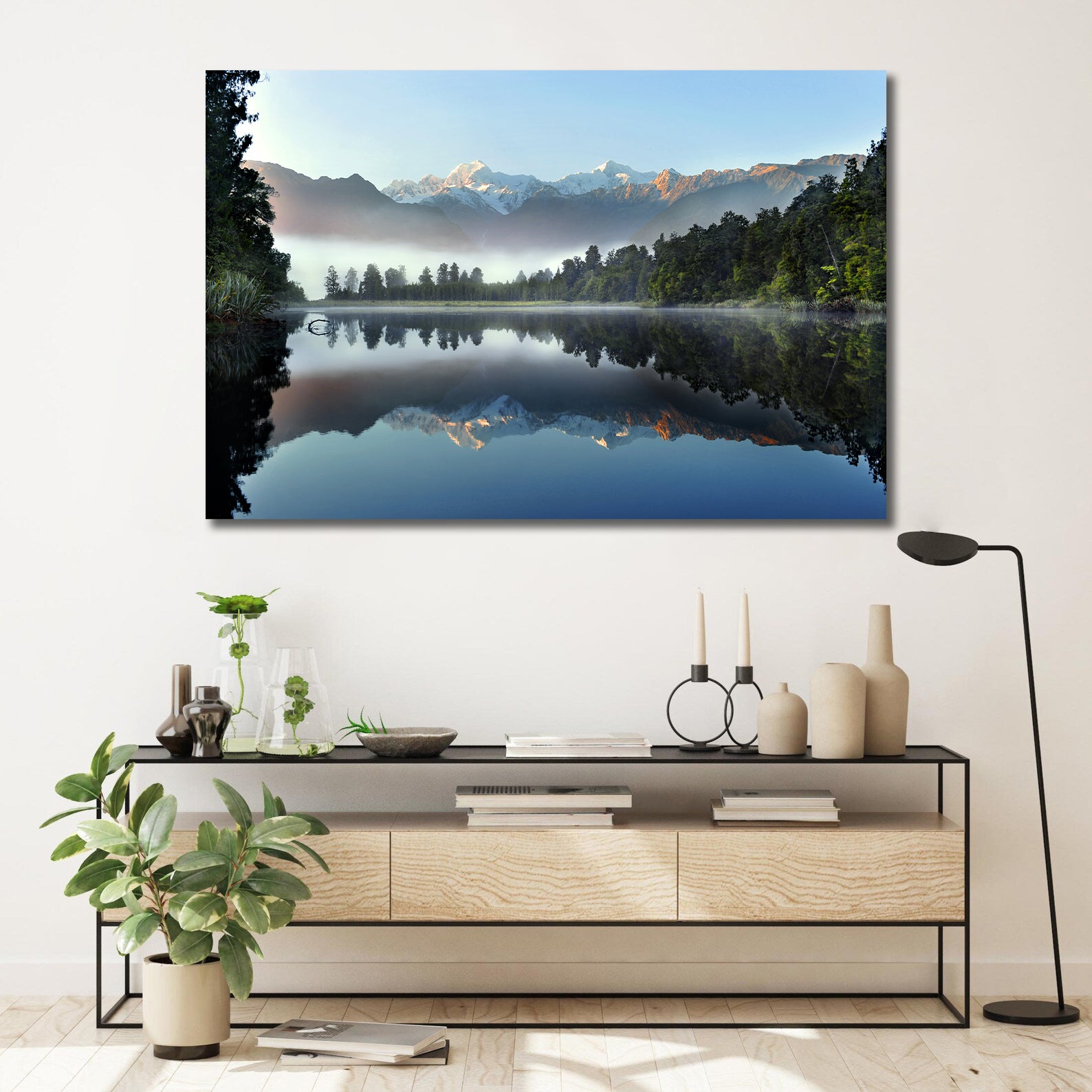 Pine Stretched  Framed 1 Panel - The reflection of Lake Matheson, Winter in New Zealand