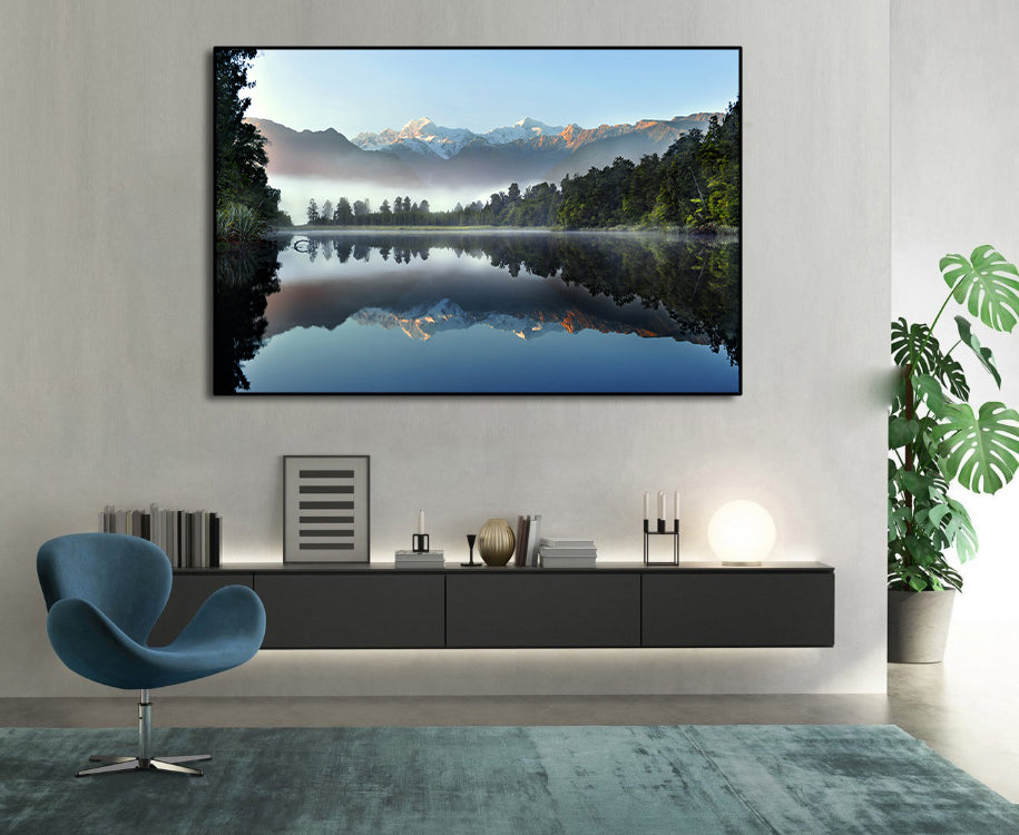 Pine Stretched  Framed 1 Panel - The reflection of Lake Matheson, Winter in New Zealand