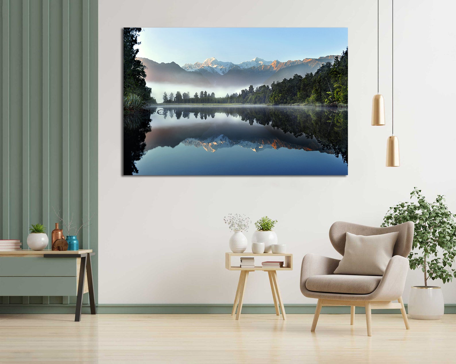 Pine Stretched  Framed 1 Panel - The reflection of Lake Matheson, Winter in New Zealand