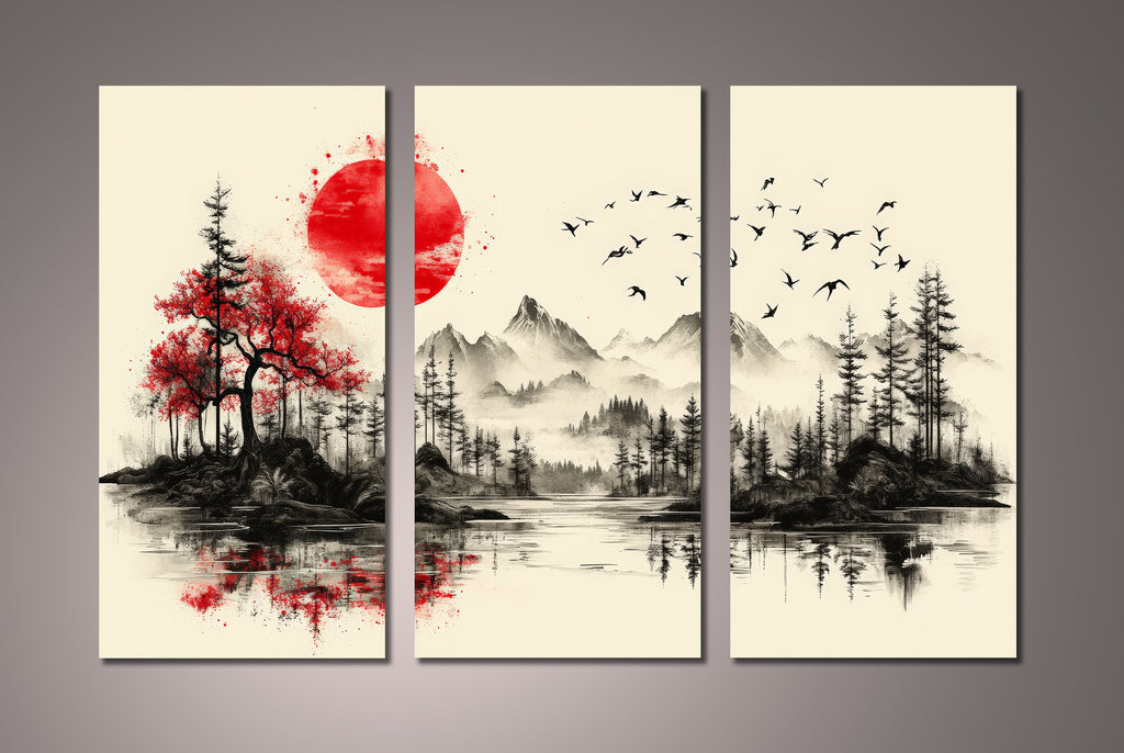 Pine Stretched Framed 3 Panels - Japanese Tradition Art