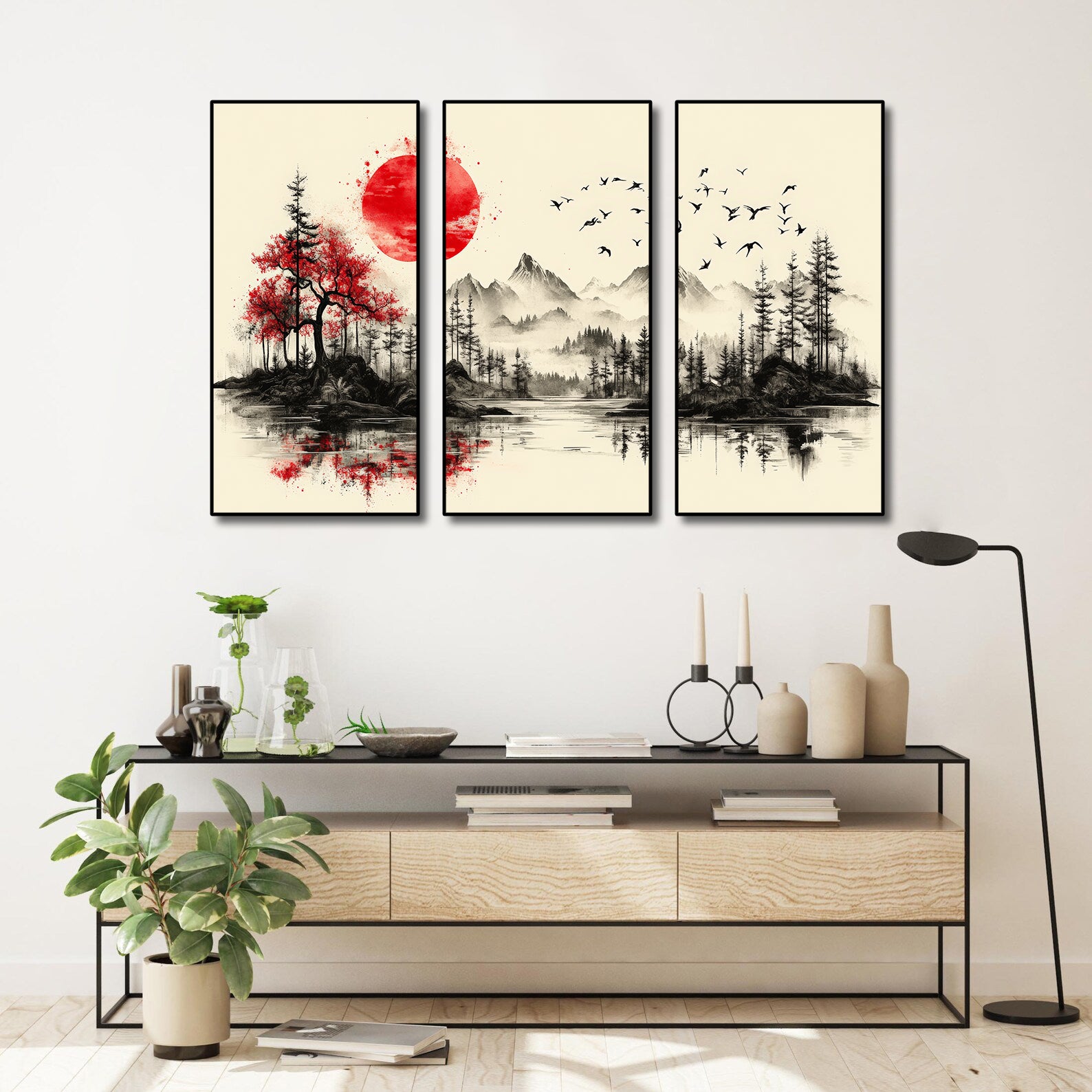 Pine Stretched Framed 3 Panels - Japanese Tradition Art