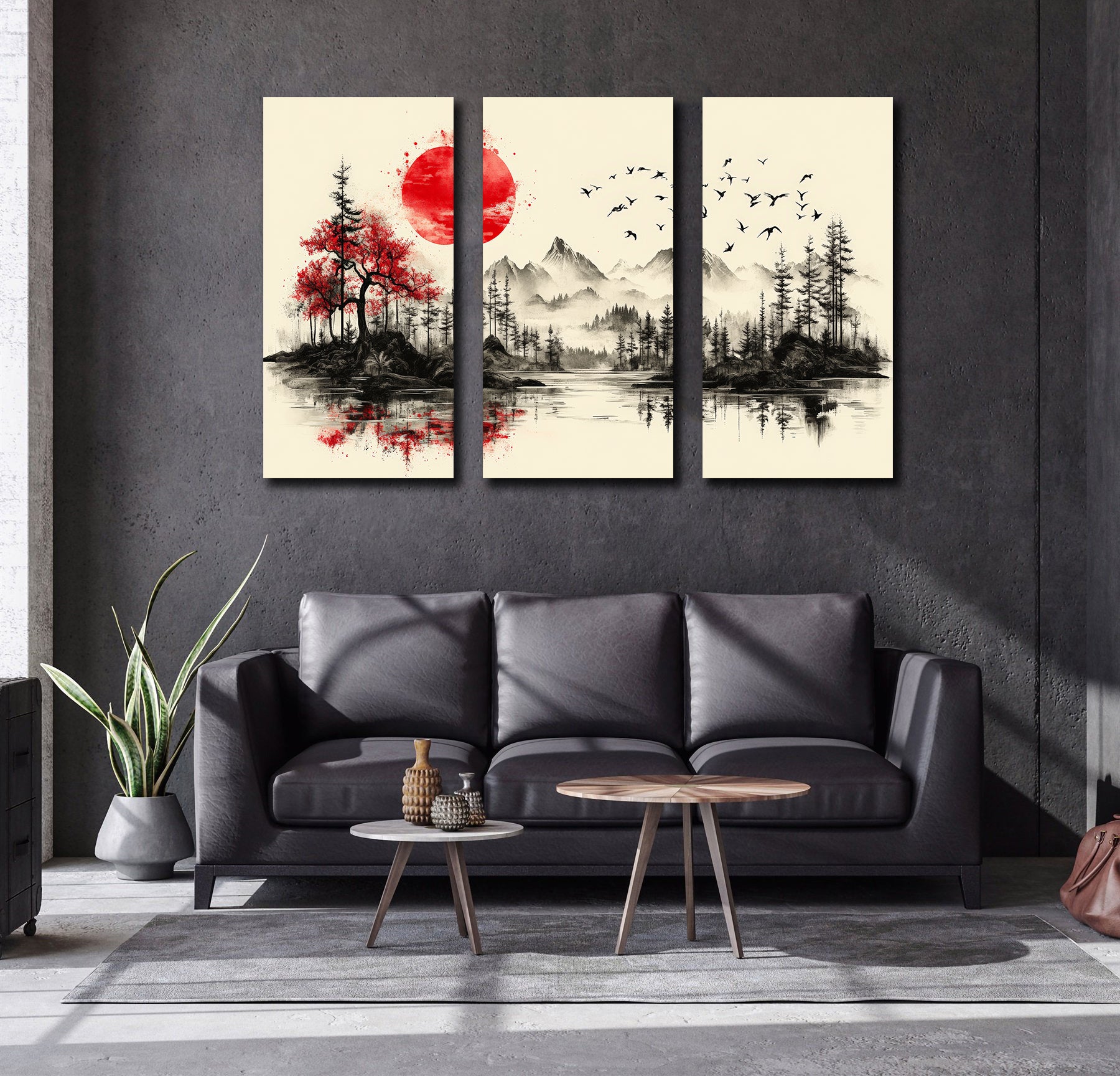 Pine Stretched Framed 3 Panels - Japanese Tradition Art