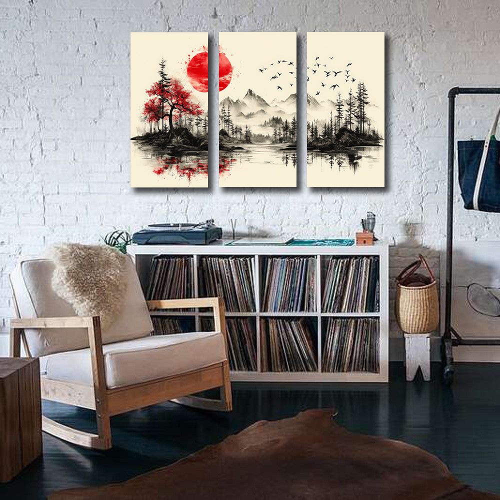Pine Stretched Framed 3 Panels - Japanese Tradition Art