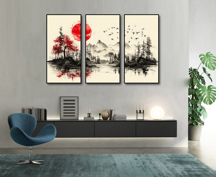 Pine Stretched Framed 3 Panels - Japanese Tradition Art