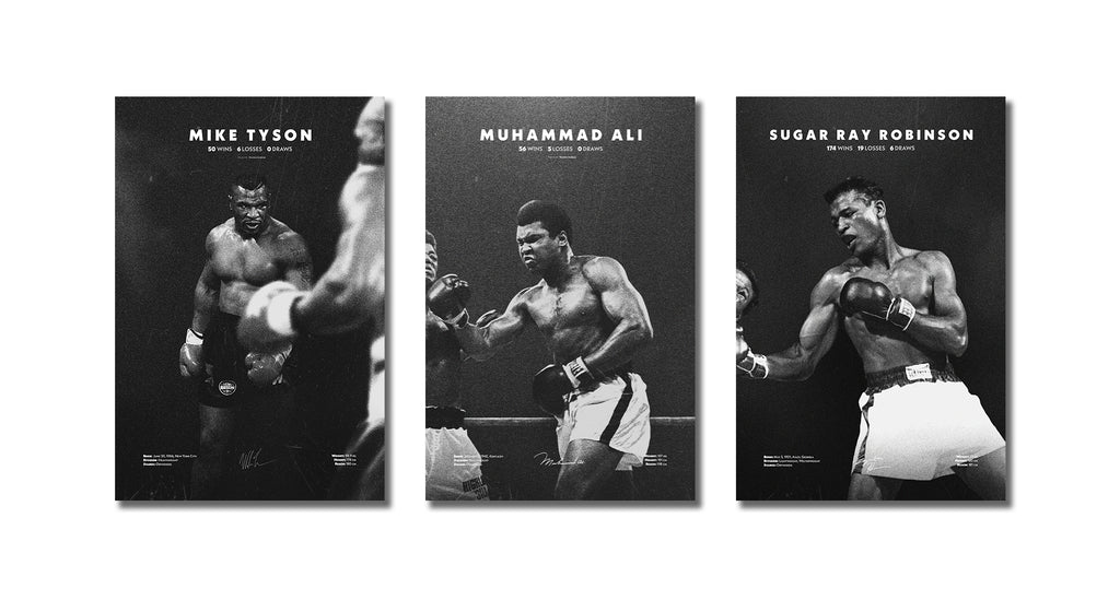 Pine Stretched  Framed 3 Panels  - Boxing Champions - Muhamed Ali, Sugar Ray Robinson, Mike Tyson